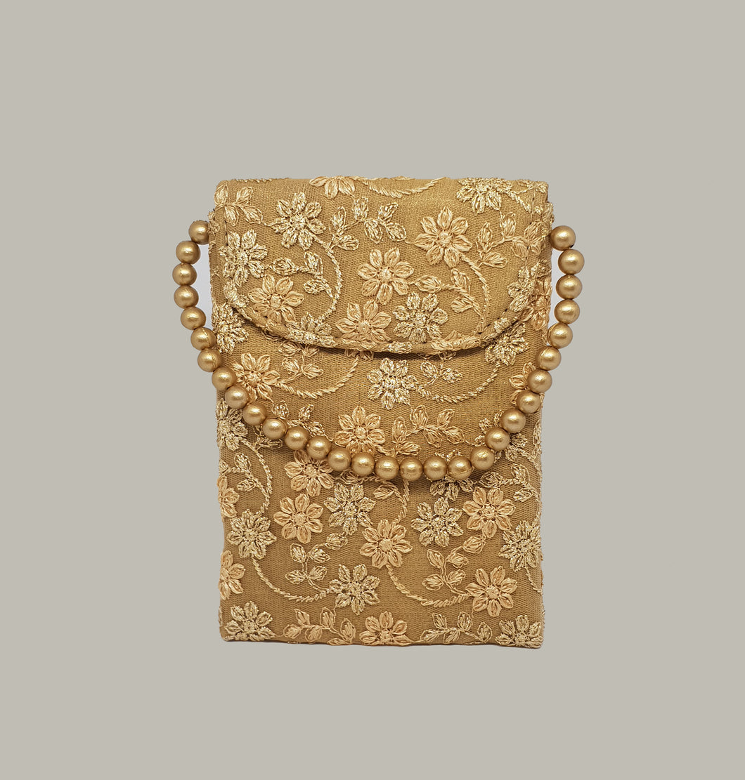 Gold Beaded Tiny Flowered Mobile Pounch