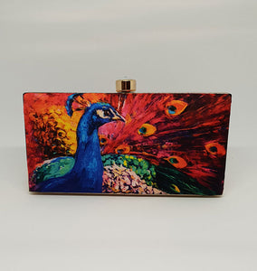 Colorful Peacock Print Box Clutch