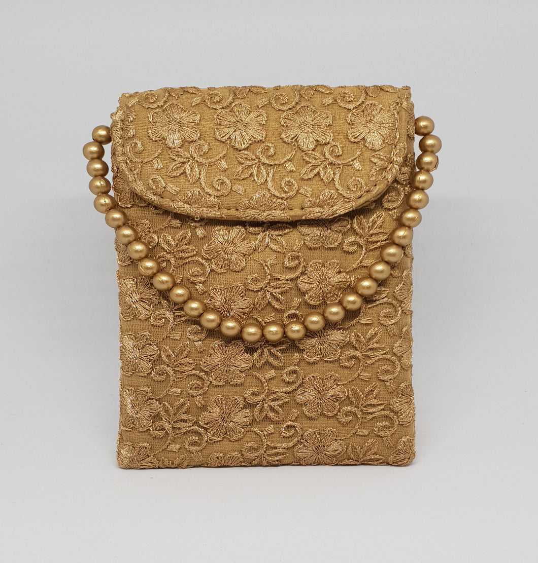 Three Petal Flowered Gold Beaded Pouch