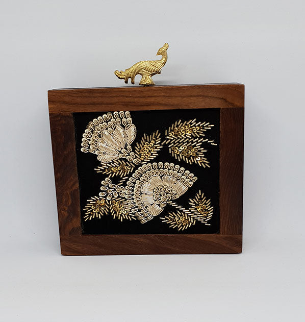 Embroidered Wooden Box Clutch