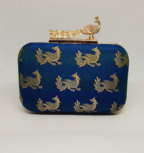 Load image into Gallery viewer, Peacock Print Blue Box Clutch