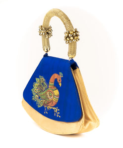 Artisan Handmade Painted Peacock Drawing Ghungroo Handle Hand Bag