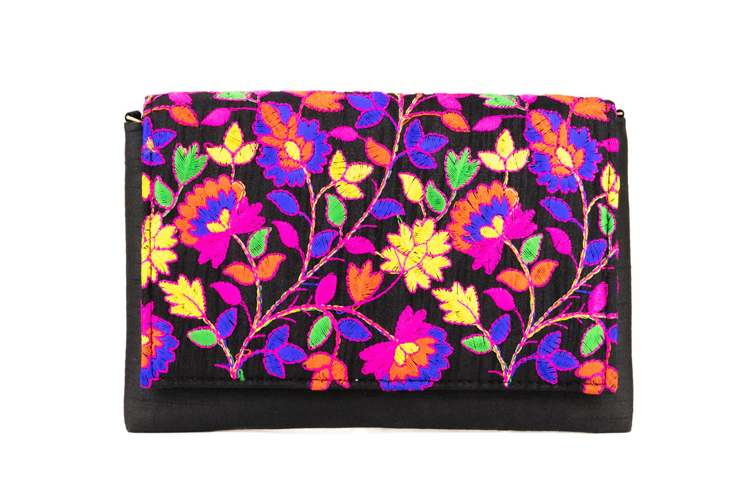 Artisan Handmade Floral Embroidered Envelope Clutch with Black Base