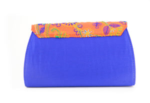 Artisan Handmade Embroidered Orange Clutch with Royal Blue Base