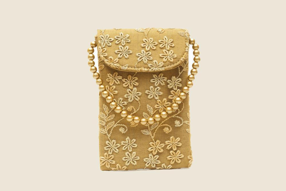 Floral Gold Beaded Mobile Pouch